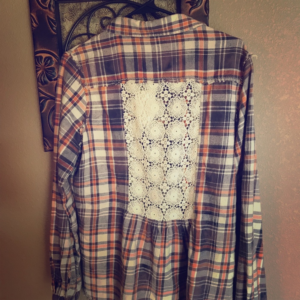 White Crow plaid top with crochet back